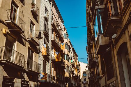 Girona, Spain - February, 2019: Narrow street in old town. Girona, Catalonia, Spainのeditorial素材
