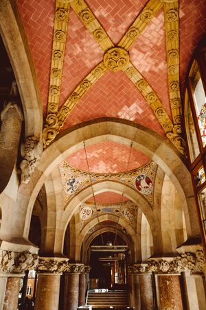 Sant Pau hospital-Barcelona-Catalonia, 02-09-2019: Stained glass ceiling, interior of Hospital de la Santa Creu i Sant Pauのeditorial素材
