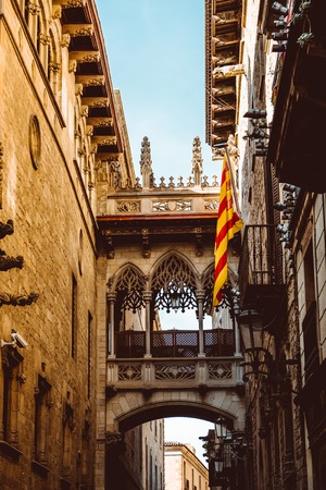 Barri Gothic Quarter and Bridge of Sighs in Barcelona, Catalonia, Spainの写真素材