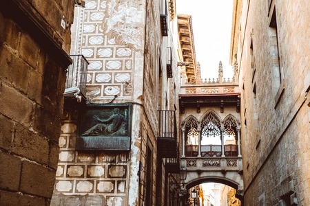 Barri Gothic Quarter and Bridge of Sighs in Barcelona, Catalonia, Spainの写真素材