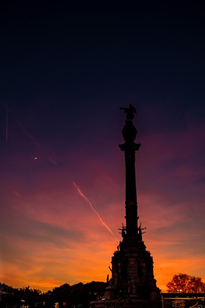 Back of Columbus Monument, in Barcelona Harbour in sunsetの写真素材