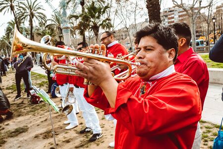 BARCELONA, SPAIN - February: Castellers de Barcelona in February 2019 in Barcelona, Spain. Castell -...
