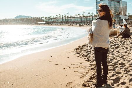 Barcelona, Spain. February, 2019. View of La Barceloneta beach on a sunny and hot winter dayのeditorial素材