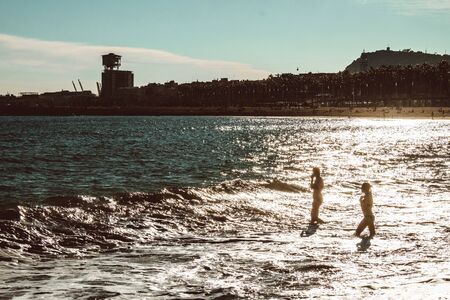 Barcelona, Spain. February, 2019. View of La Barceloneta beach on a sunny and hot winter dayのeditorial素材