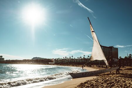 Barcelona, Spain. February, 2019. View of La Barceloneta beach on a sunny and hot winter dayのeditorial素材