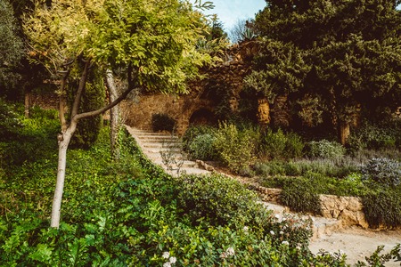 Stone gallery in the park Guell in Barcelona - Spain. Amazing colourful photo.の写真素材