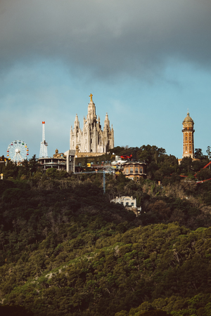 Tibidabo Mount as viewed from Park Guell at Barcelona, Spainの写真素材