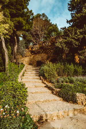 Stone gallery in the park Guell in Barcelona - Spain. Amazing colourful photo.の写真素材