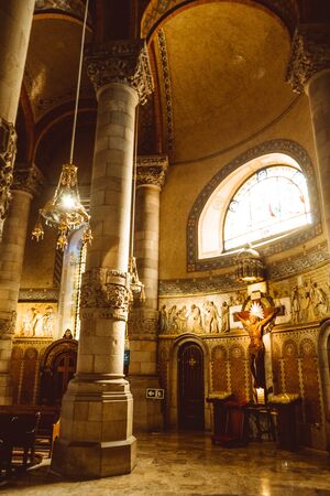 BARCELONA - February 2019: Interior of the crypt of the Expiatory Church of the Sacred Heart of Jesus, located on the summit of Mount Tibidabo in Barcelona, Catalonia, Spainのeditorial素材