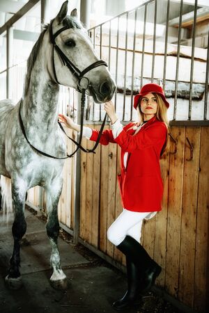 Young female rider with horse inside stable. equestrian sportの写真素材