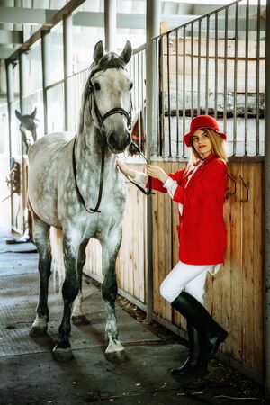 Young female rider with horse inside stable. equestrian sportの写真素材