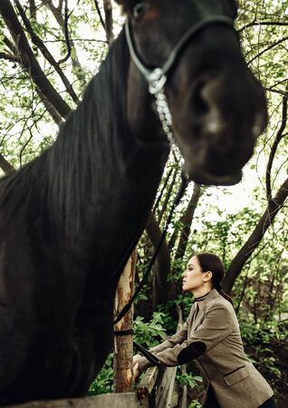 Fashionable portrait of a beautiful young woman and black horseの写真素材