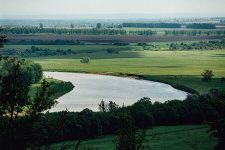 Beautiful summer landscape in Bashkiria. view of the White River from the shore, surrounded by...