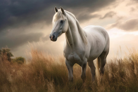 White horse standing on a grass meadow on summer sunset, created with Generative AI technologyの素材