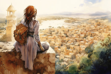 Illustration in a watercolor style. Traveling girl looking down at beautiful town from viewing platform. Viewed from behind. Generative AI.の素材