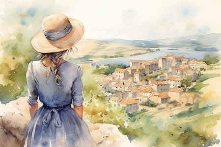 Illustration in a watercolor style. Beautiful girl in dress and hat looking down at beautiful town from the hill. Viewed from behind. Travel and relax. Generative AI.の素材