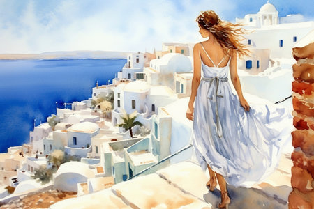Illustration in a watercolor style. Beautiful girl in dress looking down at beautiful sea town from viewing platform. Viewed from behind. Travel and relax. Generative AI.の素材