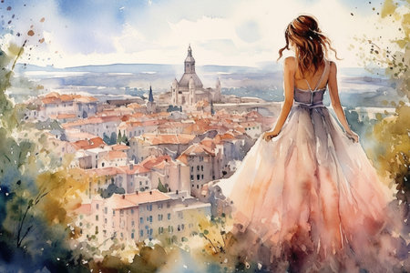 Illustration of beautifull girl in long dress looking down at beautifull town from the hill, viewed from back in a watercolor style. Generative AI.の素材