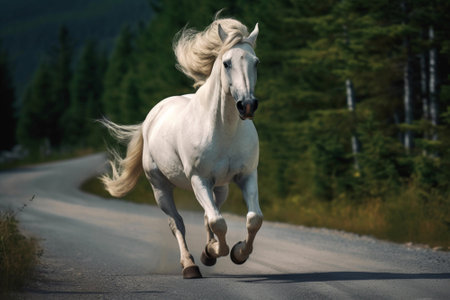 White horse running along a forest road in summer, created with Generative AI technologyの素材