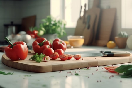 Fresh vegetables - tomatoes, paprika, cauliflower, parsley on a wooden cutting board in the kitchen. Healthy eating concept. Nutriciology. Generative AI.の素材