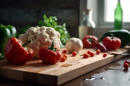 Fresh vegetables - tomatoes, paprika, cauliflower on a wooden cutting board in the kitchen. Healthy eating concept. Nutriciology. Generative AI.の素材