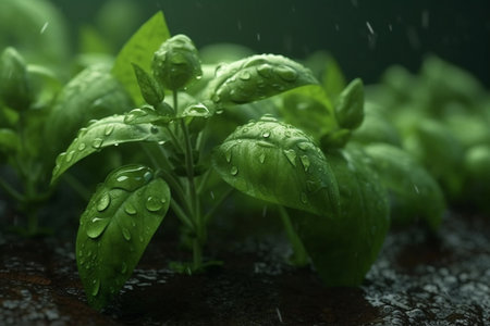 Fresh sweet basil leaves with drops of water. Basil plant with green leaves on dark background. Fresh herbs for cooking, used in cuisines worldwide. Ocimum basilicum. Health eatingの素材