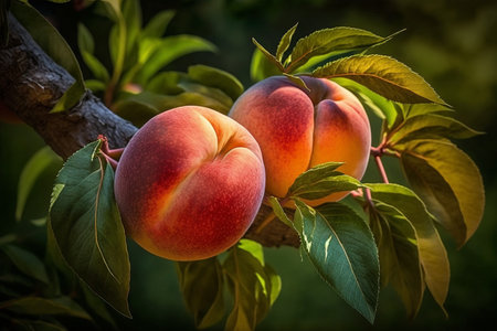 natural fruit. Peaches growing on a tree in the summer. Fresh peaches close up on tree branches. Delicious and healthy organic nutrition. Garden with ripened fruits. Generative AI.の素材