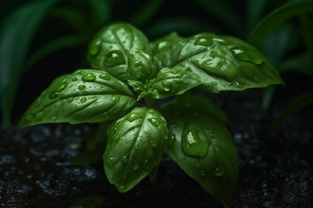 Fresh sweet basil leaves with drops of water. Basil plant with green leaves on dark background. Fresh herbs for cooking, used in cuisines worldwide. Ocimum basilicum. Health eating. Generative AI.の素材