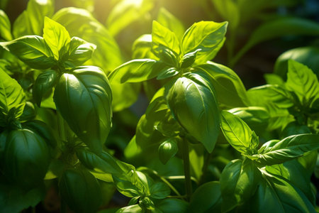 Fresh sweet basil leaves. Basil plant with green leaves on sunset background. Fresh herbs for cooking, used in cuisines worldwide. Ocimum basilicum. Health eating conceptionの素材