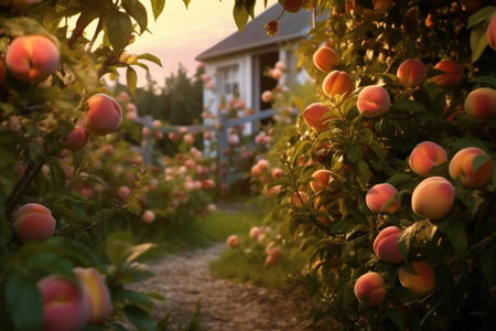 Peaches growing on a tree in the summer on village background. Garden with ripened fruits, sunset light. Delicious and healthy organic nutrition. natural fruit. copyspace. Generative AI.の素材
