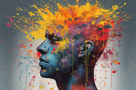 Mental health creative abstract concept. Colorful illustration of male head, paint splatter style. Mindfulness, positive thinking, self care idea. Generative AI.の素材