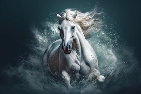 Strong white horse running in water waves, created with Generative AI technologyの素材