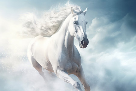 Beautiful white horse running in fog clouds, created with Generative AI technologyの素材
