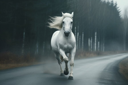 White horse running on road on fog forest background, created with Generative AI technologyの素材