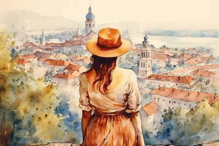 Illustration in a watercolor style. Beautiful girl in dress and hat looking down at beautiful town from the hill. Viewed from behind. Travel and relax. Generative AI.の素材