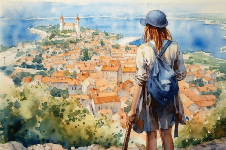Illustration in a watercolor style. Traveling girl with backpage and cap looking down at beautiful town from viewing platform. Viewed from behind. Generative AI.の素材