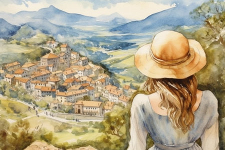 Illustration in a watercolor style. Beautiful girl in dress and hat looking down at beautiful village landscape from the hill. Viewed from behind. Travel and relax. Generative AI.の素材