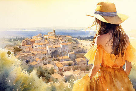 Illustration in a watercolor style. Beautiful girl in dress and hat looking down at beautiful town from the hill. Viewed from behind. Travel and relax. Generative AI.の素材