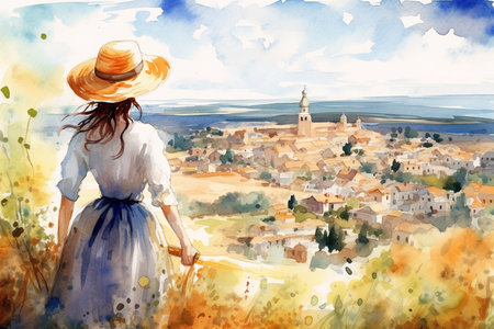 Illustration in a watercolor style. Beautiful girl in dress and hat looking down at beautiful village landscape from the hill. Viewed from behind. Travel and relax. Generative AI.の素材
