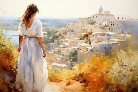 Illustration in a watercolor style. Beautiful girl in dress looking down at beautiful town from viewing platform. profile view. Travel and foot walk. Generative AI.の素材