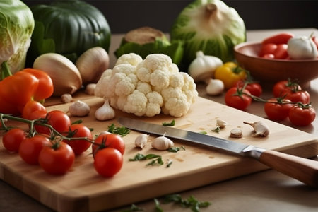Fresh vegetables - tomatoes, paprika, cauliflower, basil on a wooden cutting board in the kitchen. Healthy eating concept. Nutriciology. Generative AI.の素材