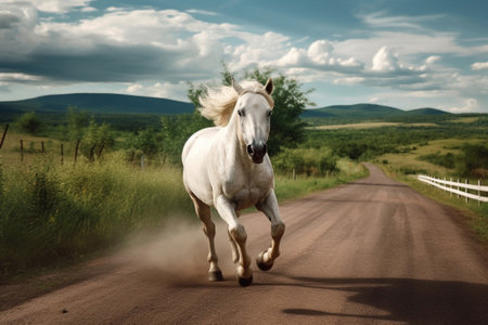 White horse running along a road in summer time, created with Generative AI technologyの素材