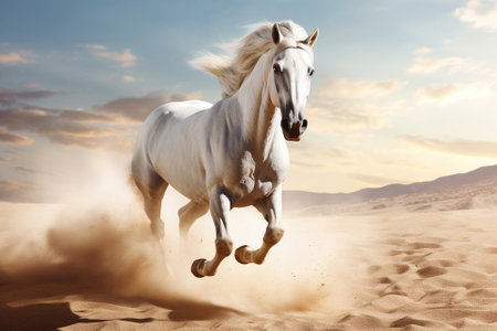White horse running on the sand on summer sunset, created with Generative AI technologyの素材