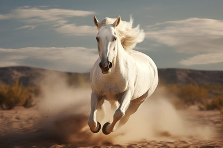 White horse running on the sand, created with Generative AI technologyの素材