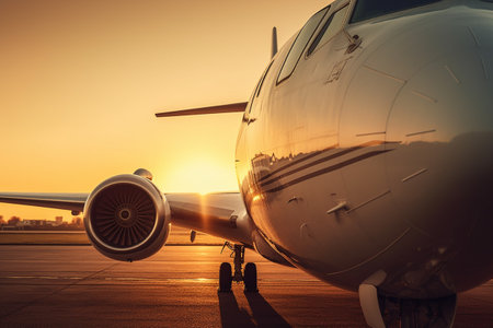 Landing plane against a golden sky at sunset. Passenger aircraft close up in sunset light. The concept of fast travel, recreation and business. Generative AIの素材