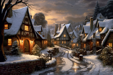 Christmas village night landscape. Winter snowy cozy street with lights in houses. Winter holidays night time backdrop. Merry christmas vintage retro illustration. Generative AIの素材