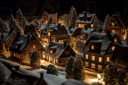 Christmas village night landscape. Winter snowy cozy street with lights in houses. Winter holidays night time backdrop. Merry christmas vintage retro illustration. Generative AIの素材