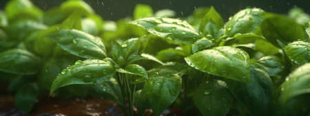 Fresh sweet basil plant with green leaves with rain drops of water. Fresh herbs for cooking, used in cuisines worldwide. Health eating. Banner. Generative AI.の素材
