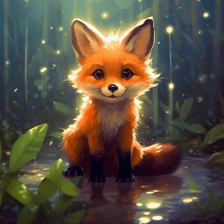 Cute small fox sitting in magic forest in the night. Flowers and lights at background. Kids book, cartoon, fairy tale style. Generative AIの素材