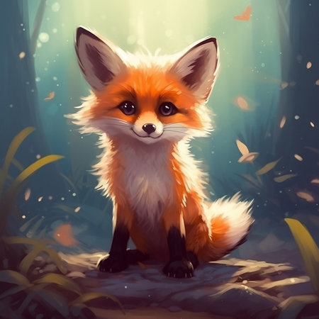 Cute small fox sitting in magic forest in the night. Flowers and lights at background. Kids book, cartoon, fairy tale style. Generative AIの素材